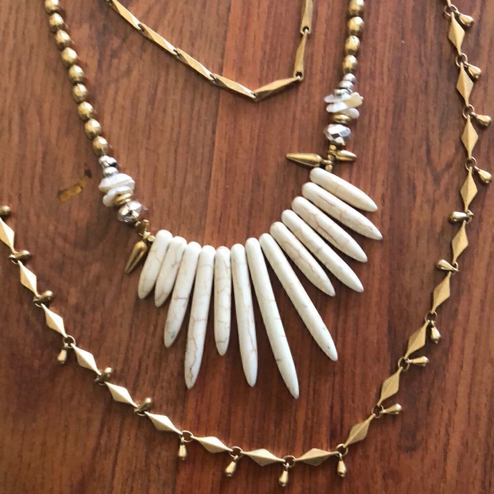 Stella & Dot Gold three tiered long necklace bohemian style.